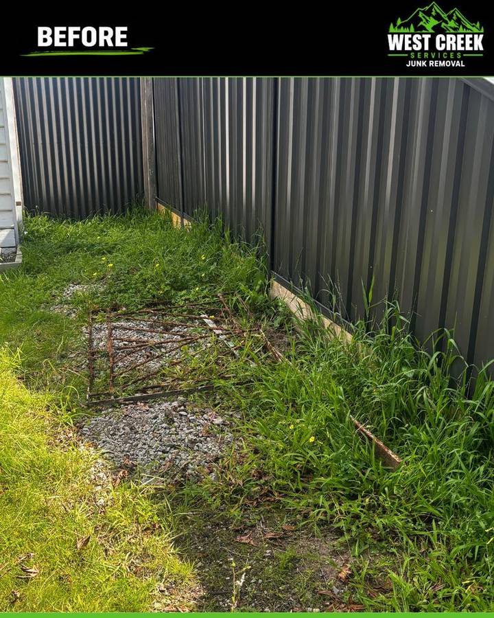 Before: Overgrown side path with rusted metal grate
