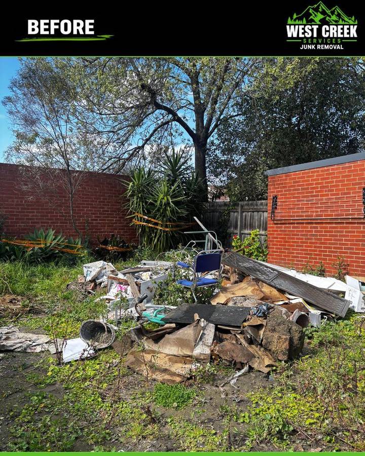 Before: Backyard covered in household rubbish and broken furniture