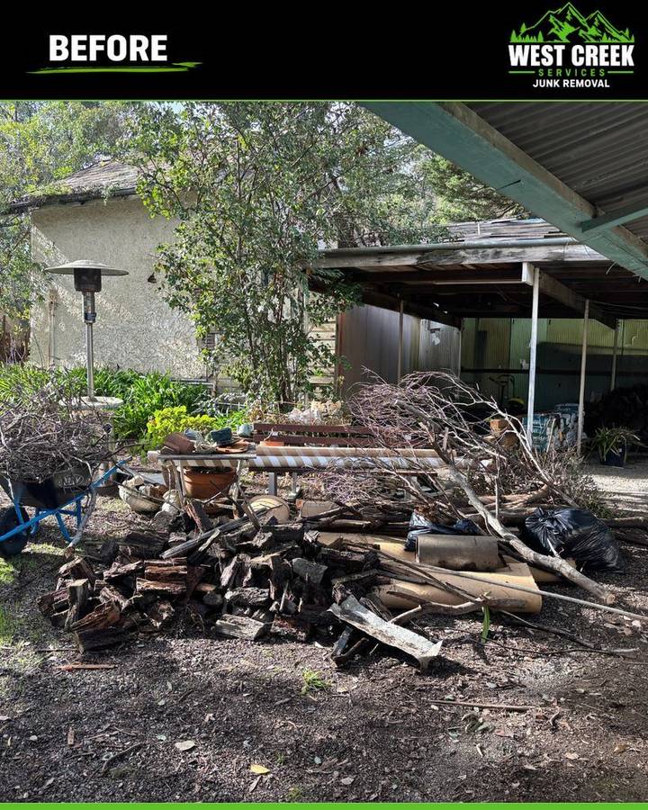 Before: Logs, branches and outdoor junk beside a carport